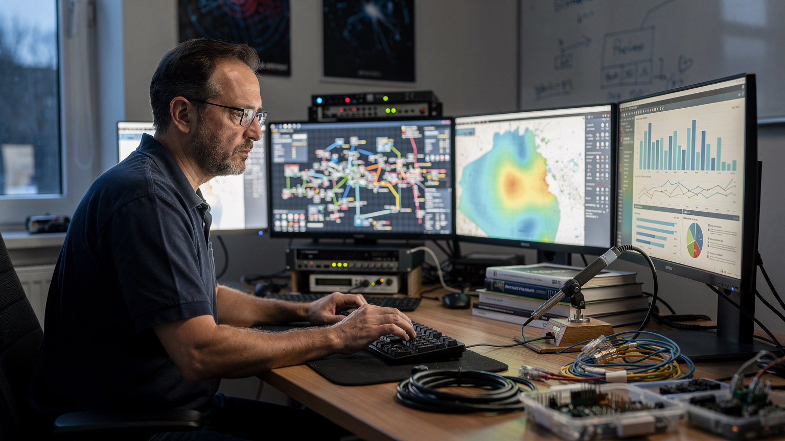 Un ingegnere delle telecomunicazioni esamina schemi di rete e mappe di copertura su più monitor, con appunti tecnici sparsi sulla scrivania, analizzando l'efficienza delle bande di frequenza.