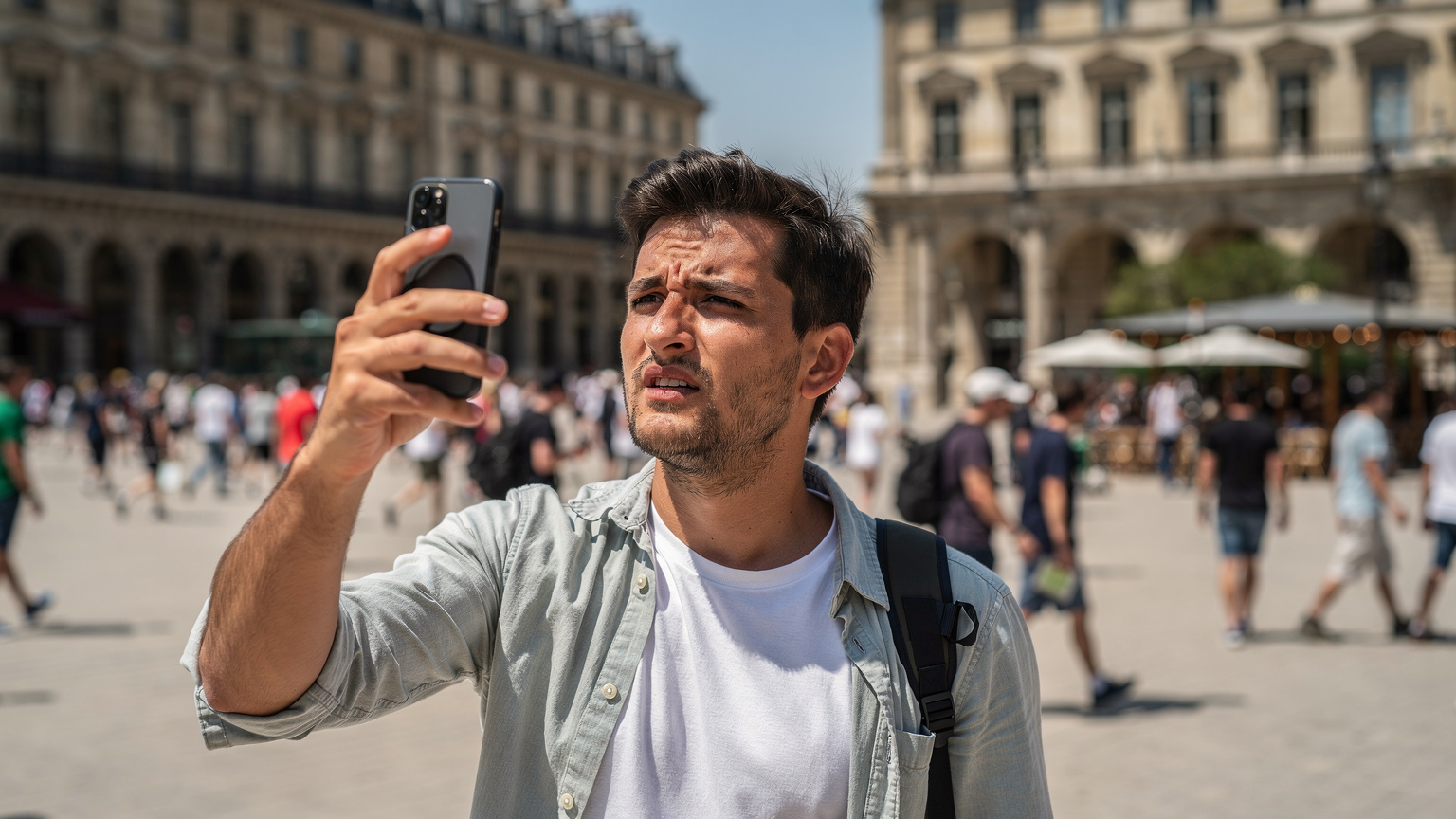 Un turista si sente frustrato cercando di connettersi a un Wi-Fi pubblico instabile in una piazza affollata di Parigi, simbolo delle difficoltà di connettività senza un'eSIM affidabile.