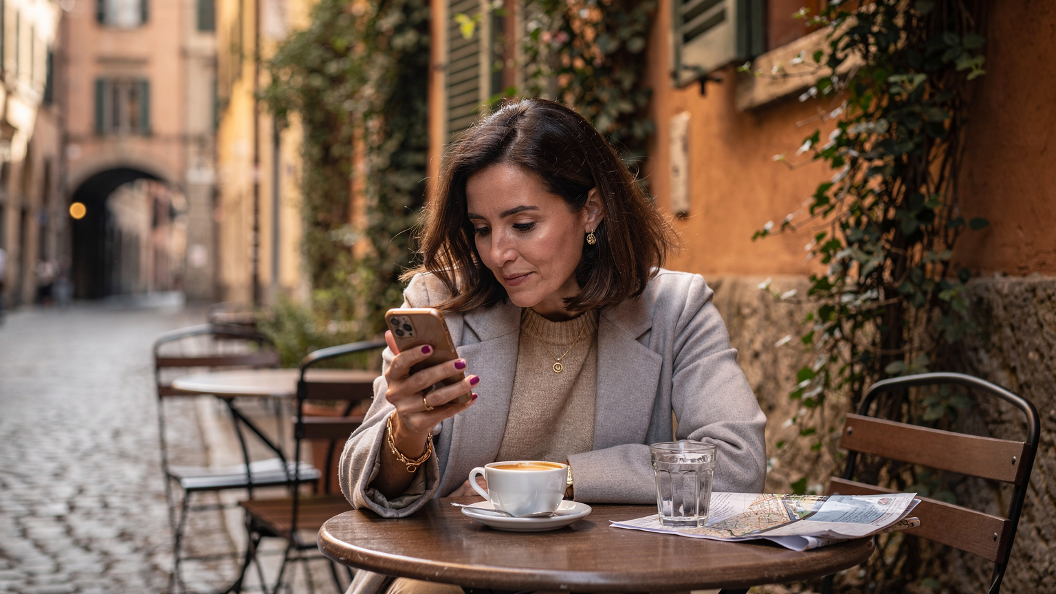 Una donna italiana sorseggia un caffè mentre consulta il suo smartphone, pianificando l'itinerario delle vacanze estive con la tranquillità di una connessione dati stabile.