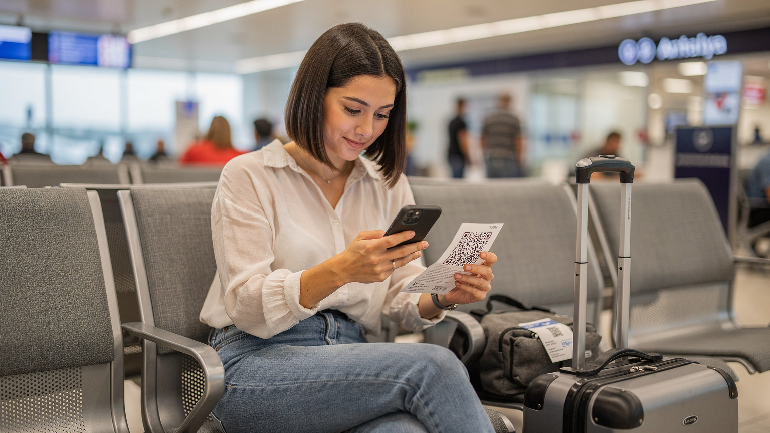 Девушка в аэропорту Антальи сканирует QR-код для активации eSIM на смартфоне, рядом багаж и посадочный талон.
