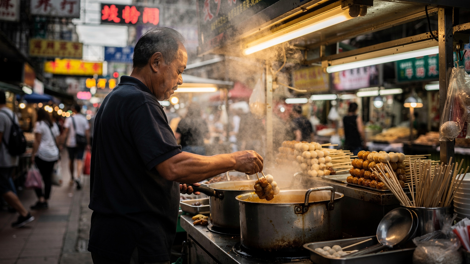 香港一家路邊小吃攤,一位忙碌的小販正在製作魚蛋和咖哩魚蛋,背景是繁忙的街景和一些寫著中文招牌的店鋪,展現香港獨特的市井文化。