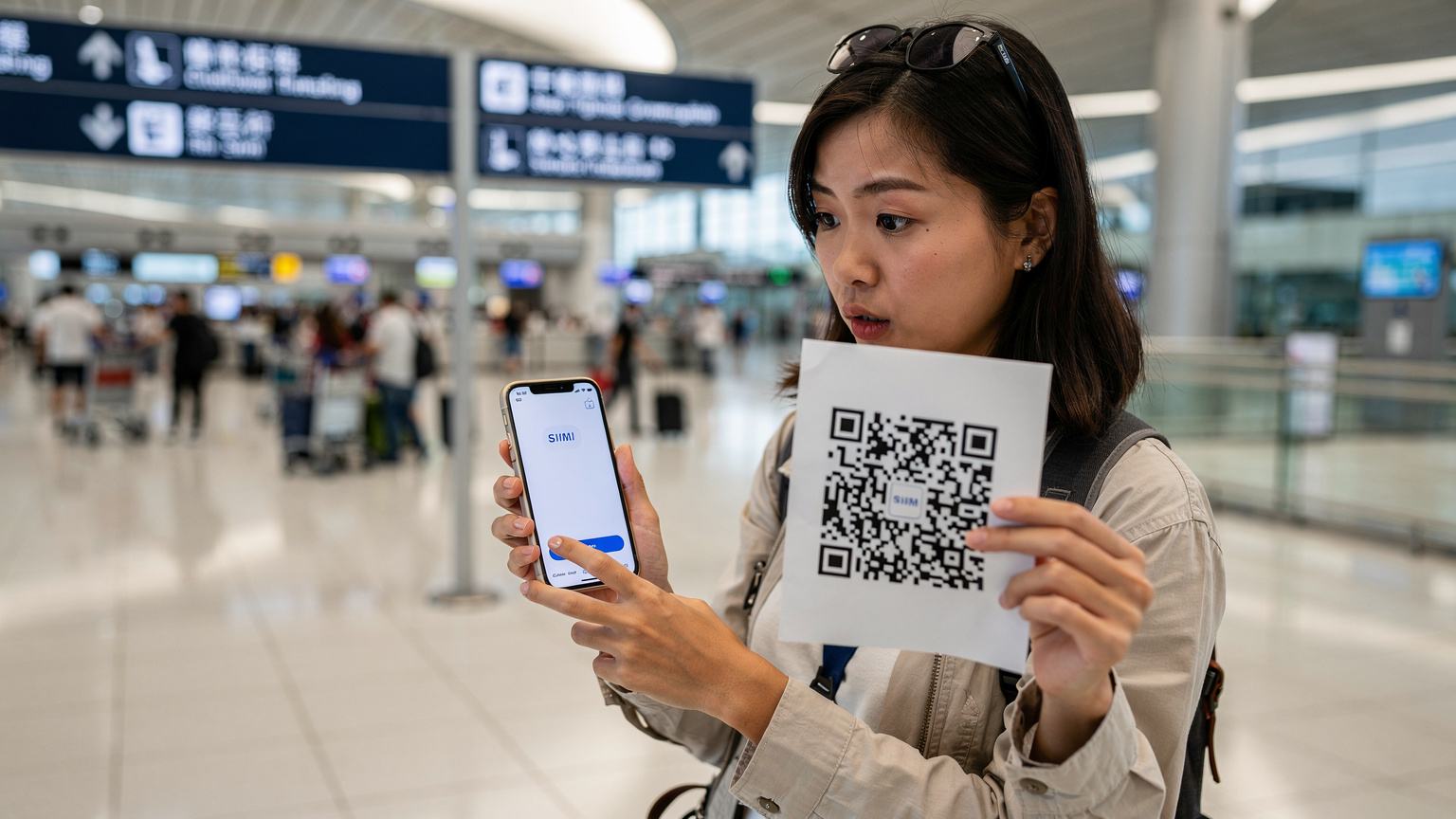 一名旅行者在香港國際機場的到達大廳,手持 iPhone,螢幕上顯示著 eSIM 設定介面,她正試圖掃描一個印在紙上的 QR Code,表情略顯困惑。