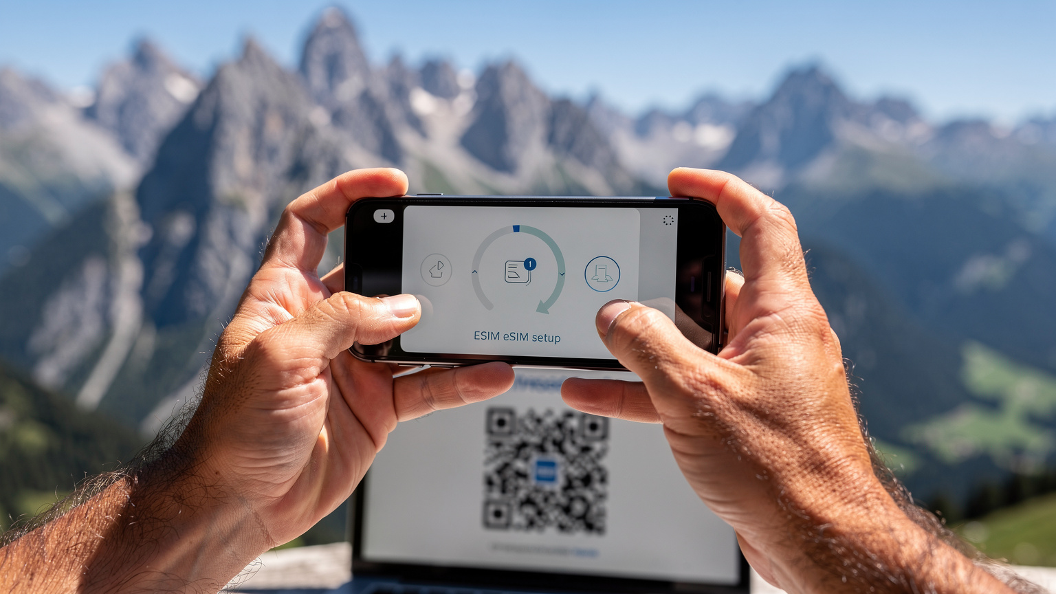 Mani de bărbat țin un smartphone cu o interfață de configurare a eSIM-ului afișată, scanând un cod QR. În fundal se vede un peisaj montan însorit din Alpii italieni, cu vârfuri ascuțite și o vale verde.
