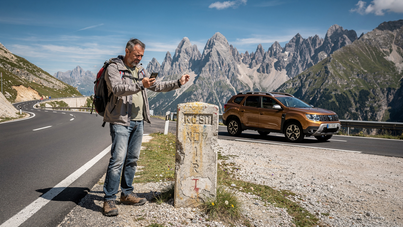 Un călător român stă confuz lângă o bornă kilometrică pe o autostradă alpină, încercând să obțină semnal la telefonul său mobil. Mașina sa este parcată în fundal, iar peisajul montan este impresionant.