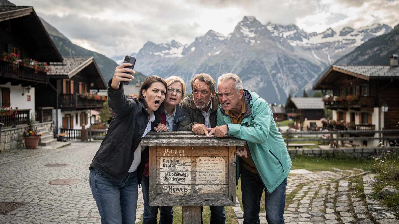 Un grup de turiști români, vizibil frustrați, se uită la un panou de informații vechi într-un sat montan izolat din Alpii elvețieni, în timp ce unul dintre ei încearcă fără succes să obțină semnal la telefon.