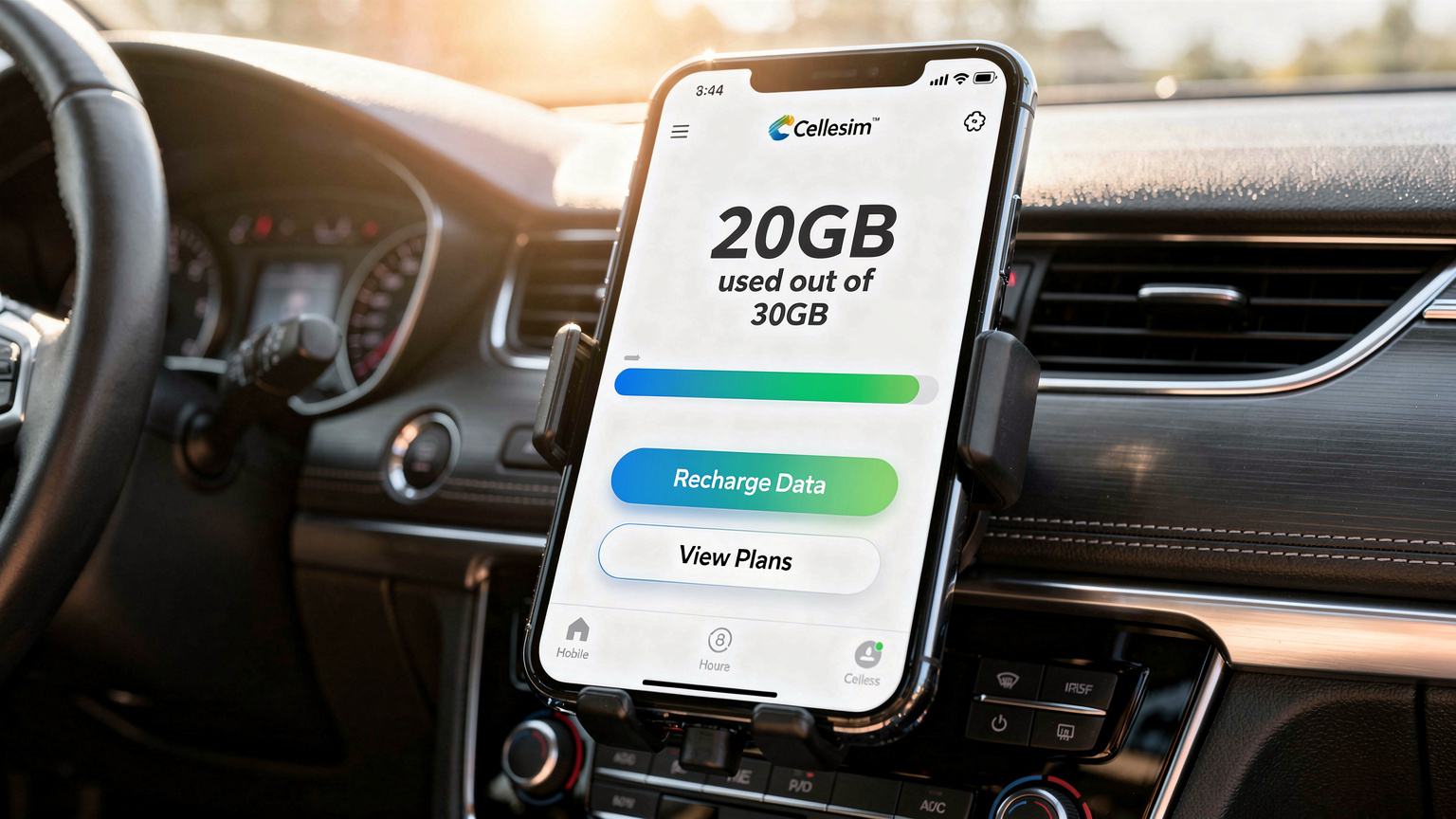 Un ecran de smartphone afișează o interfață Cellesim cu un contor de date '20GB utilizați din 30GB' și opțiuni de reîncărcare. Telefonul este poziționat în cockpit-ul unei mașini moderne, cu soarele strălucind prin parbriz.