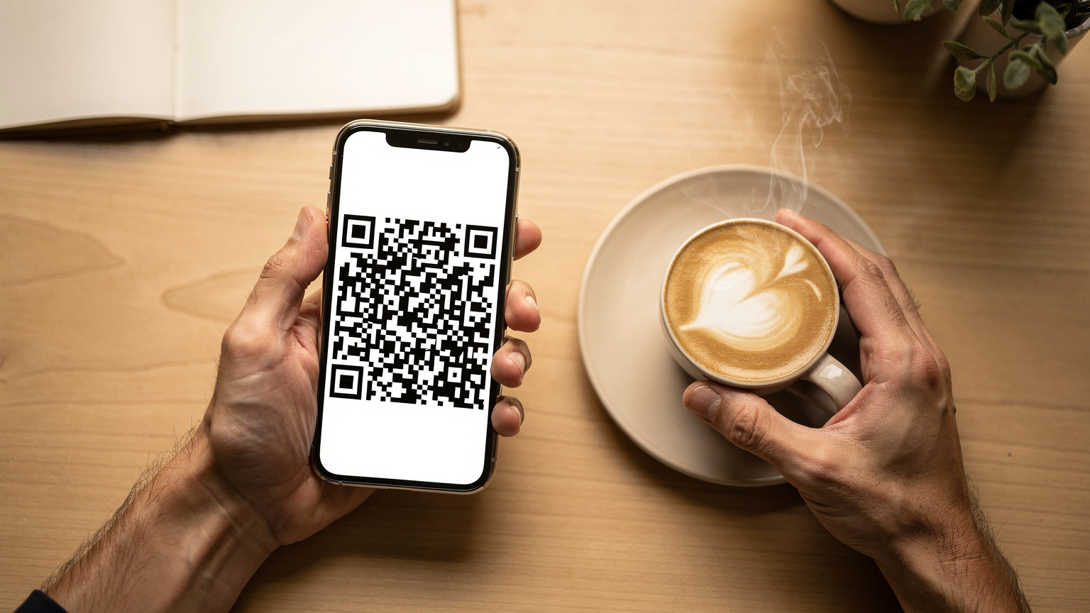 カフェでコーヒーを片手に、スマートフォンでeSIMの設定画面を確認する旅行者の手元。デバイスにはQRコードが表示されている。