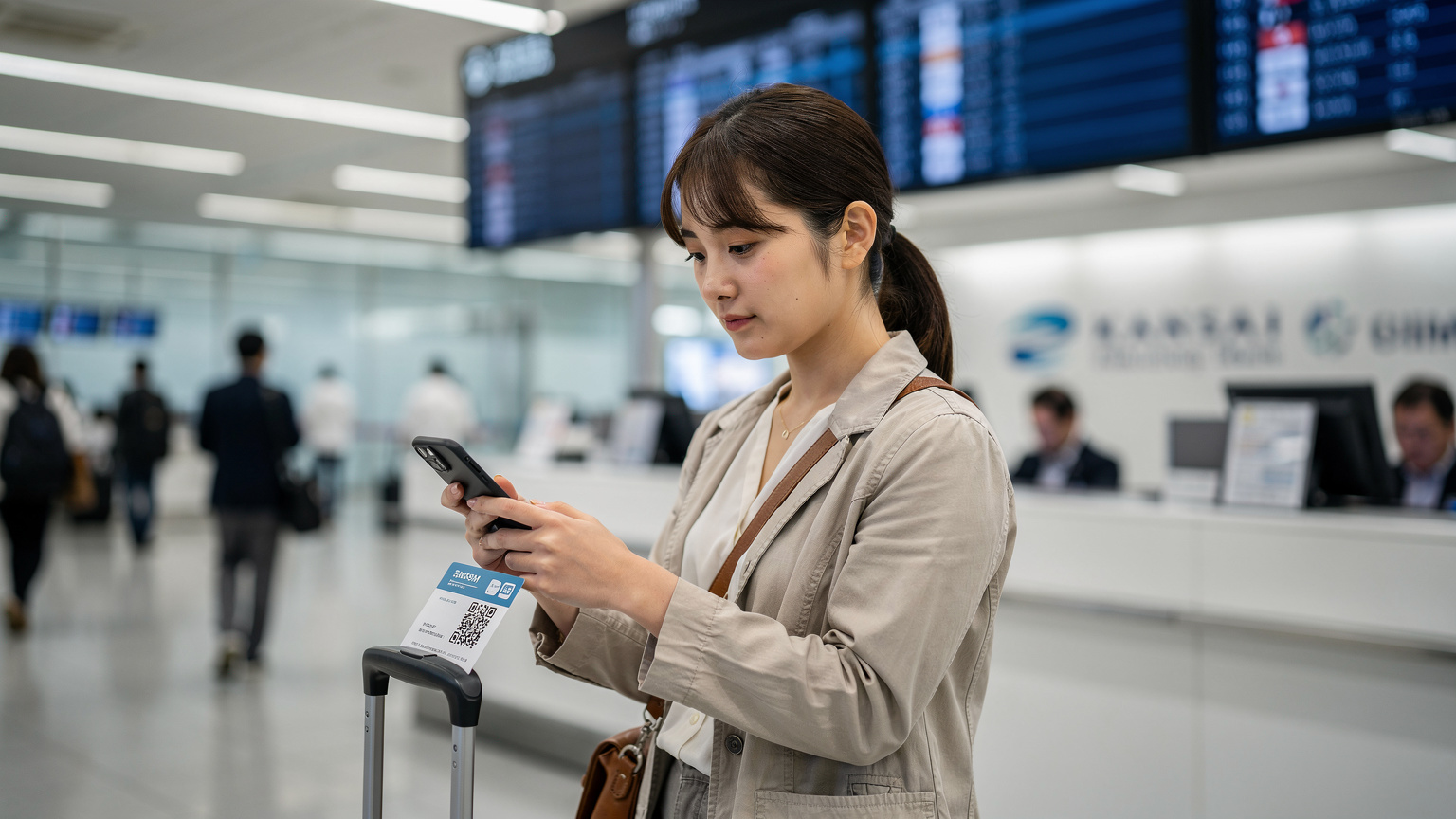空港のチェックインカウンター近くで、スマートフォンを操作しながらQRコードをスキャンしている旅行者。背後には出発便の案内板が見える。
