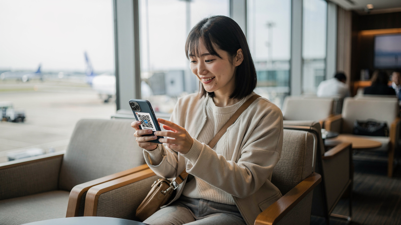 スマートフォンでeSIM設定のQRコードをスキャンし、笑顔でデバイスを操作する旅行者。