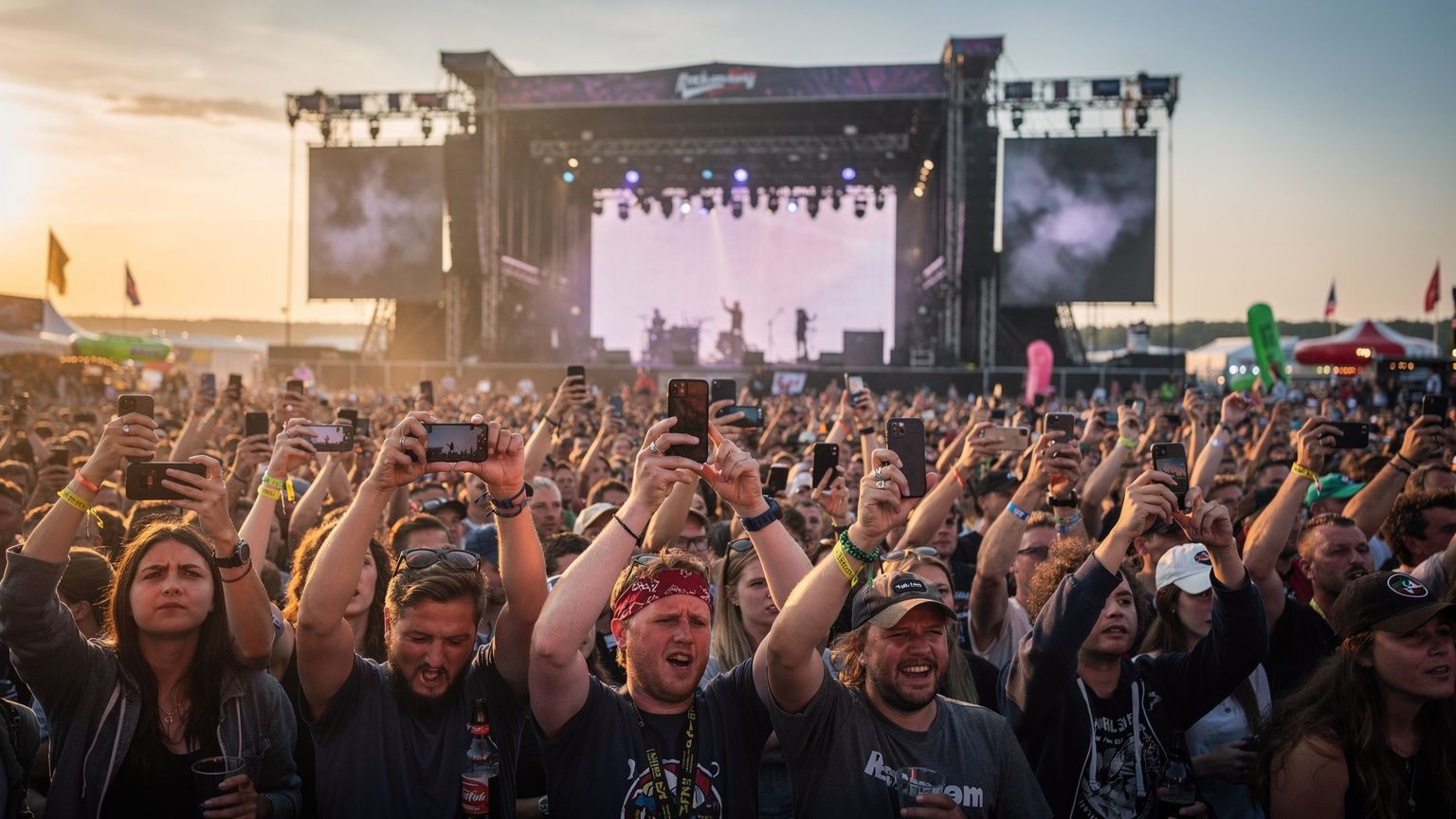 Eine überfüllte Festivalbühne bei Sonnenuntergang, Hunderte von Menschen halten ihre Smartphones in die Luft, einige schauen frustriert auf ihre Bildschirme, während andere versuchen, Fotos zu machen. Die Atmosphäre ist dicht und überlastet.