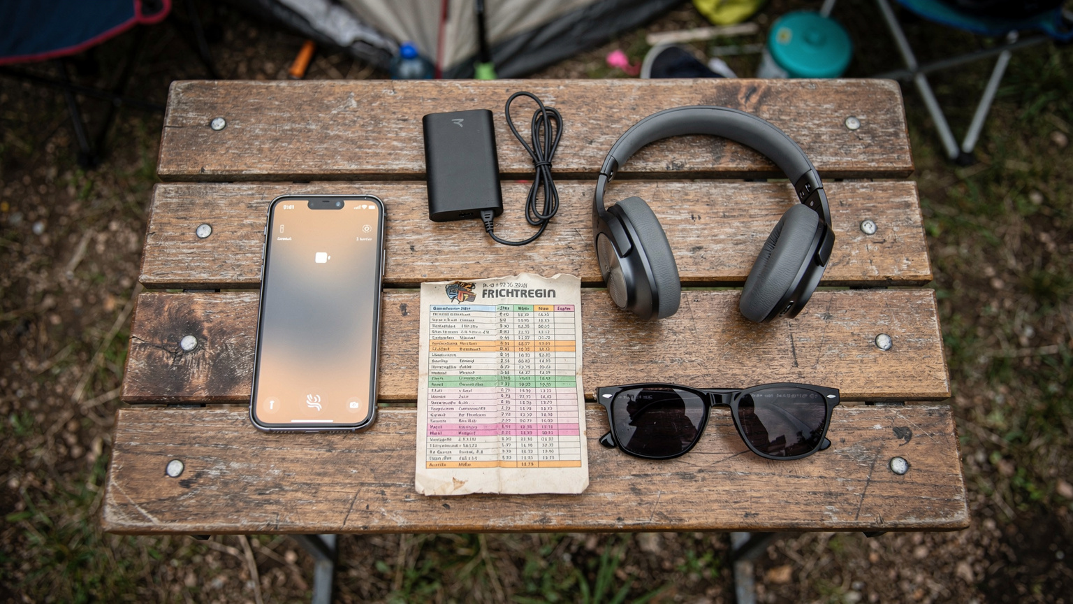 Ein organisiertes Overhead-Flat-Lay-Arrangement auf einem robusten Camping-Tisch auf einem Festivalgelände. Ein Smartphone mit aktivem eSIM-Profil, eine Powerbank, hochwertige Kopfhörer, ein gedruckter Festival-Timetable und eine Sonnenbrille sind sauber angeordnet.