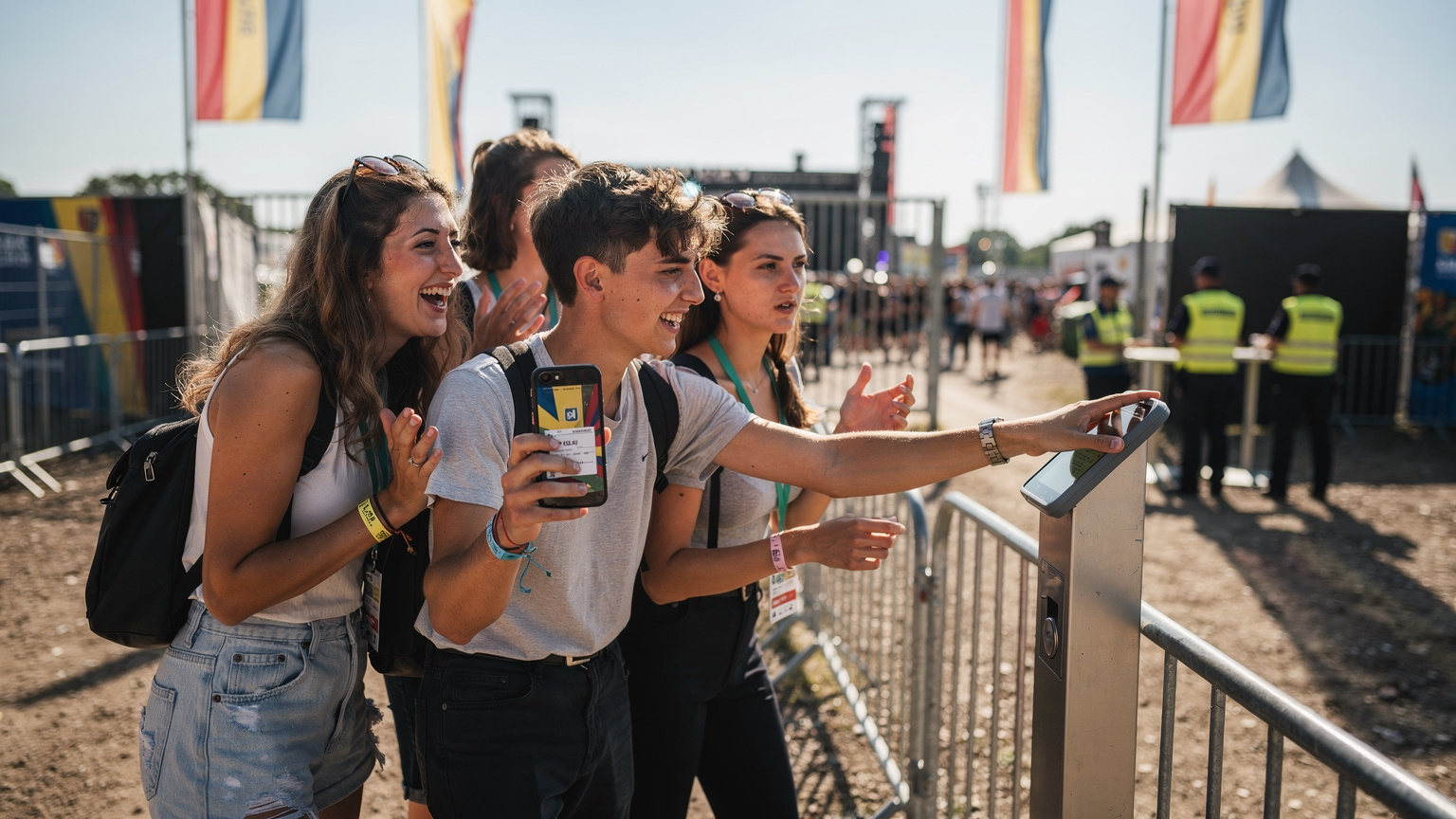 Eine Gruppe junger Festivalbesucher am belebten Eingang eines Festivals, lachend und aufgeregt. Einer von ihnen hält ein Smartphone mit einem erfolgreich geladenen digitalen Ticket vor, während ein anderer gerade mit dem Scannen beginnt.