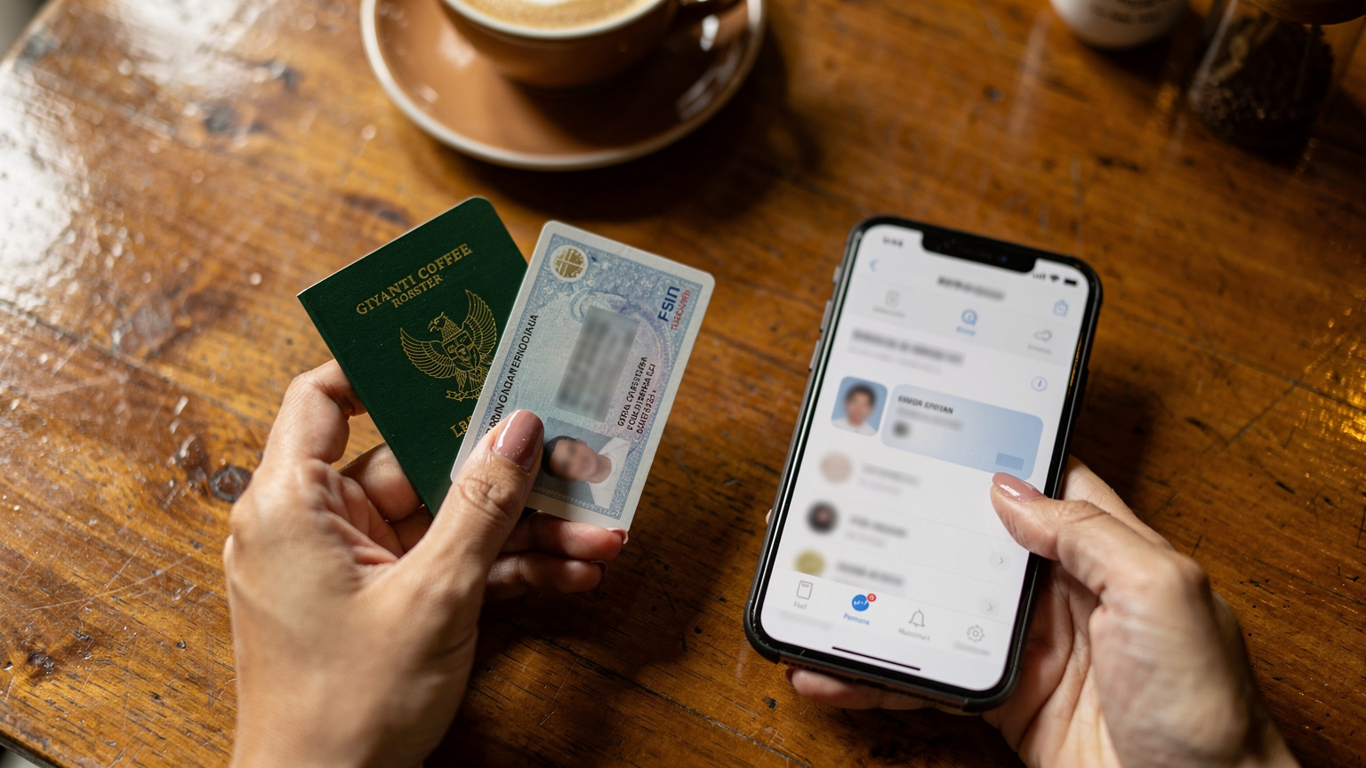 Tangan seorang wanita sedang memegang paspor Indonesia dan KTP, disandingkan dengan ponsel yang menampilkan layar pengaturan eSIM, di atas meja kayu dengan nuansa kafe.