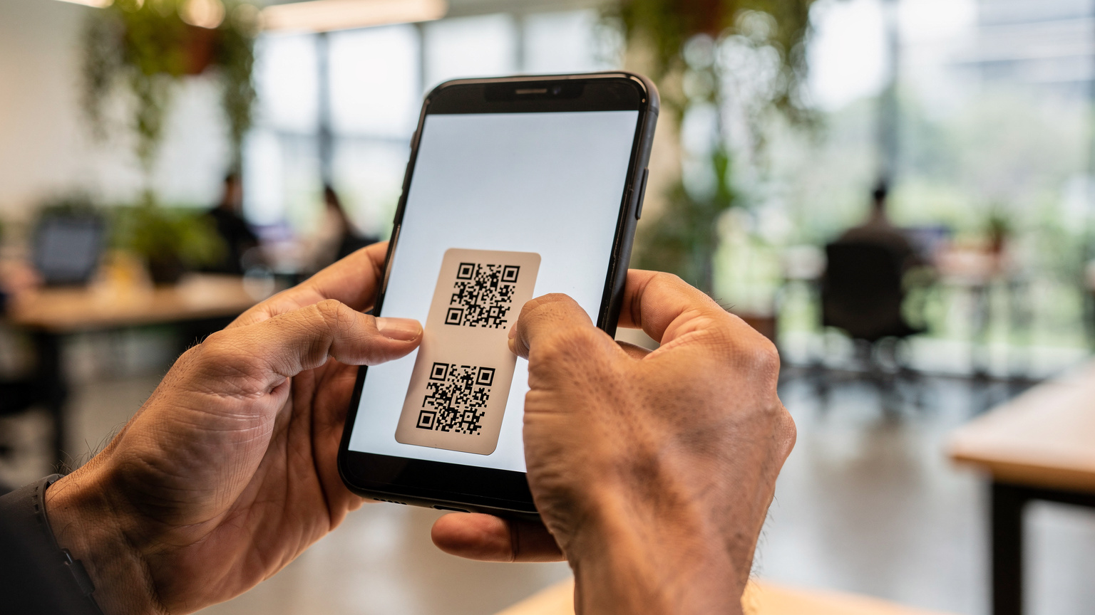 Tampilan close-up tangan seseorang yang sedang memegang ponsel, memindai QR code eSIM yang tercetak di secarik kertas, dengan latar belakang yang agak blur menunjukkan interior kantor atau co-working space.