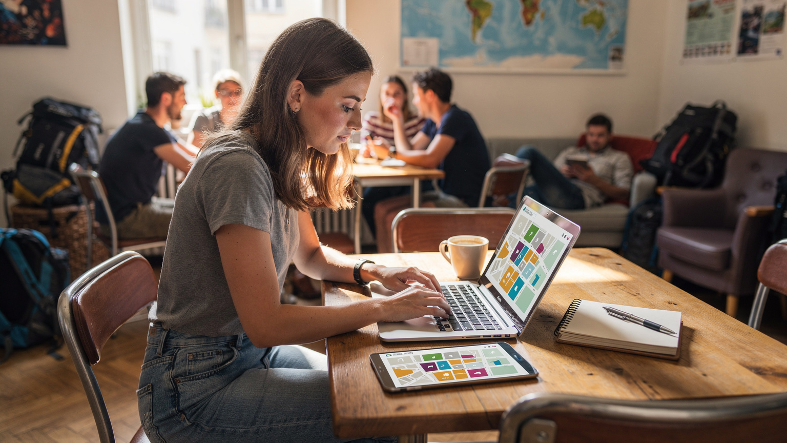 Bir seyahat blog yazarı, hostelin ortak alanında laptopu ve akıllı telefonuyla makale yazıyor, arkada diğer gezginler var.