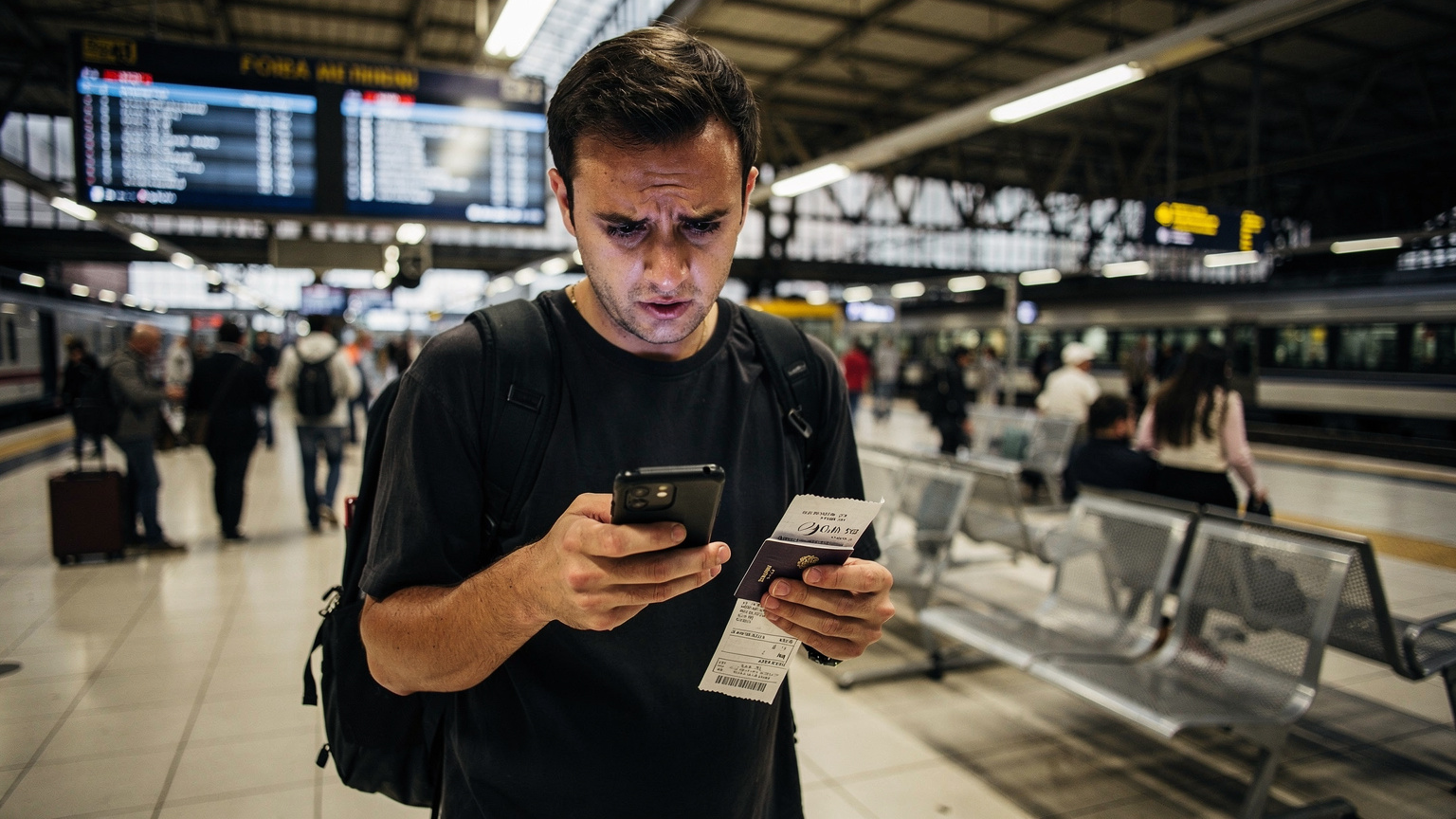 Bir gezgin, kalabalık bir tren istasyonunda, pasaportu ve biletiyle birlikte telefonunu kontrol ediyor, yüzünde endişeli bir ifade var.
