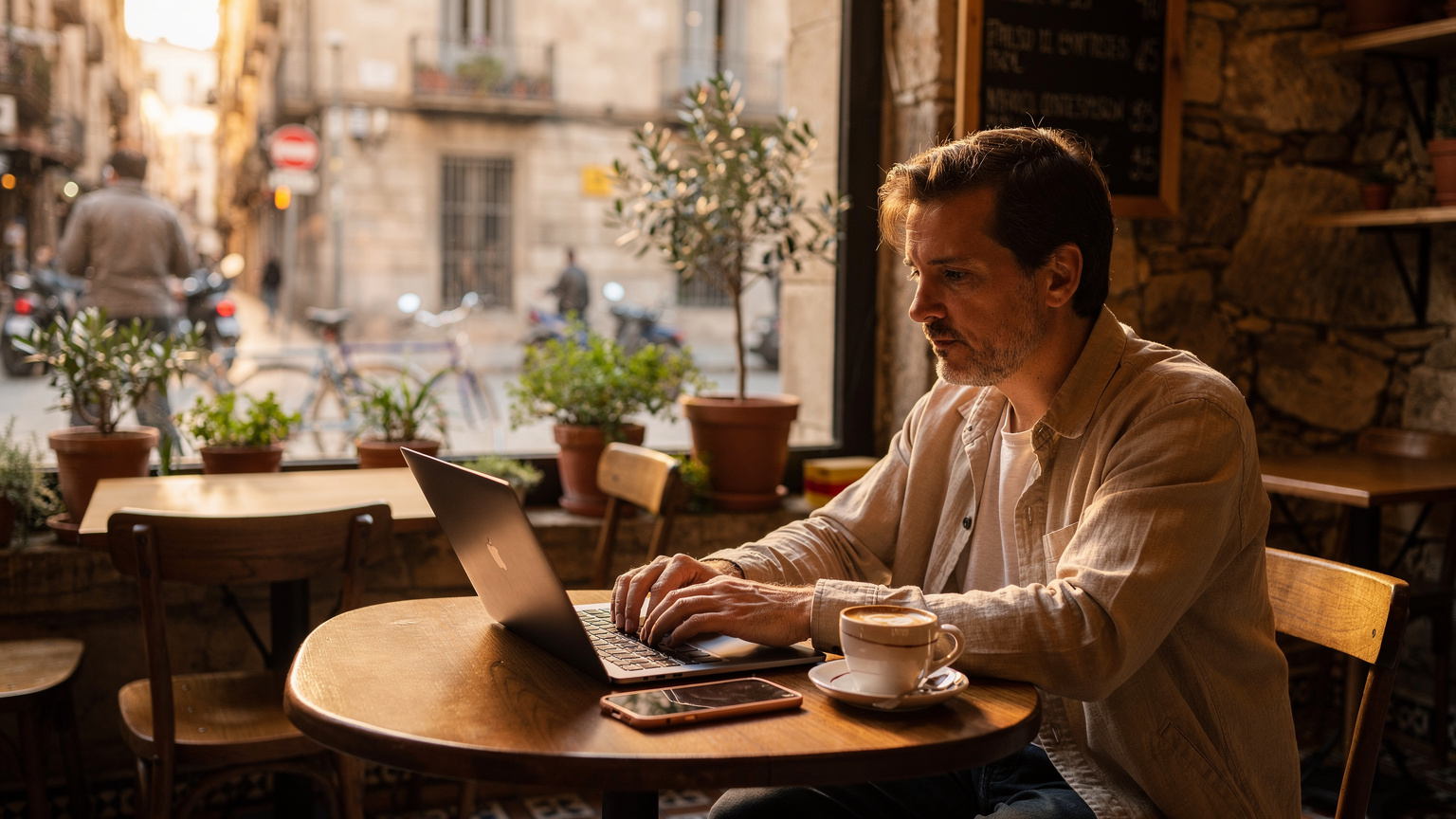 En person sidder i en café i Barcelona, El Born-kvarteret, med en bærbar computer åben på bordet. Telefonen ligger ved siden af, og personens ansigt viser koncentration, mens de arbejder med en kop kaffe i nærheden. Blødt lys fra et vindue.