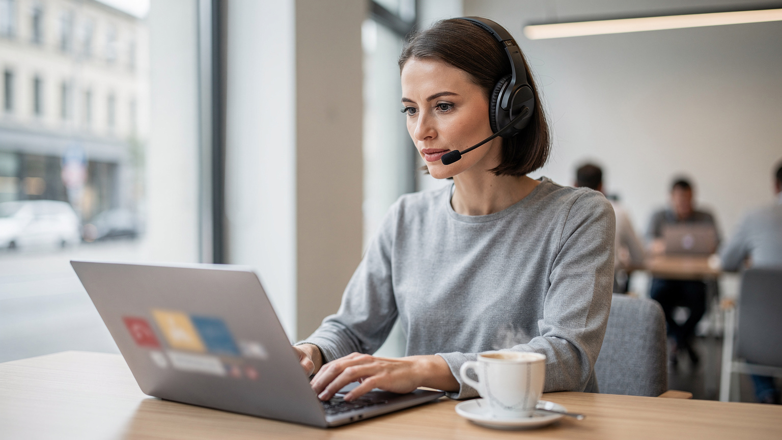 En kvinde sidder foran en computer i et moderne, lyst co-working space i Berlin. Hun har et headset på og ser ud til at være i et videomøde, mens en kop kaffe står ved siden af. Fokus er på hendes ansigt og skærmen, der viser et virtuelt møde.