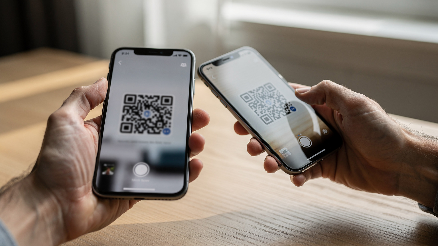 Nærbillede af to hænder, hvor den ene holder en iPhone, der viser en QR-kode på skærmen, og den anden hånd holder en anden iPhone, der scanner koden. Fokus er på interaktionen, ikke på indholdet af skærmen. Indendørs, blødt lys.