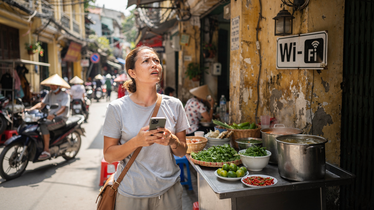 En kvinde holder sin iPhone i hånden, mens hun kigger op på et skilt med et Wi-Fi logo på en mur i en travl gade i Hanoi. Hendes ansigt viser en blanding af let frustration og håb.