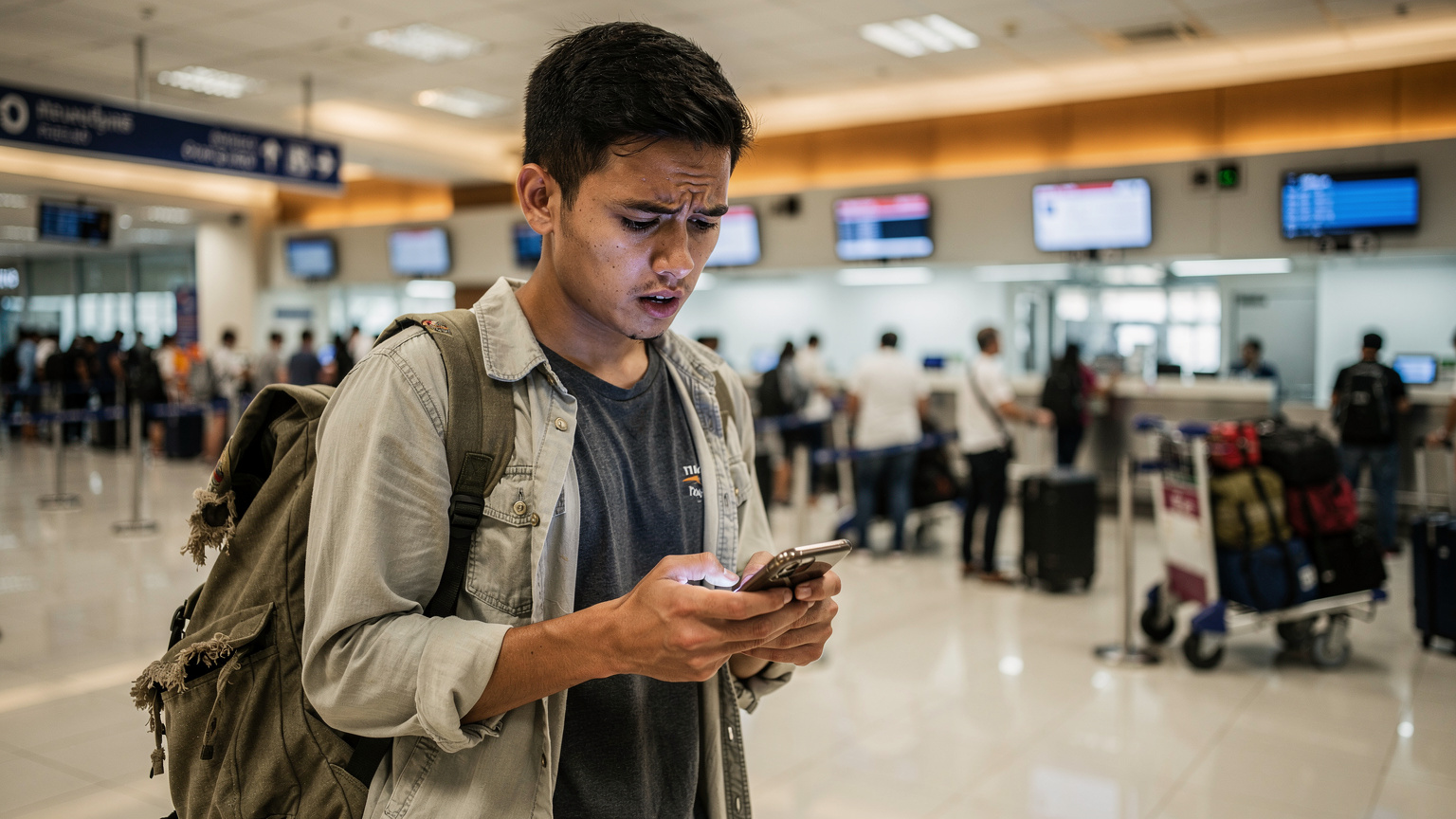一位年輕旅客在曼谷廊曼機場的廉價航空登機櫃檯前，焦急地查看手機，周圍是排隊等候的旅客和堆積如山的行李，機場內部燈光明亮。