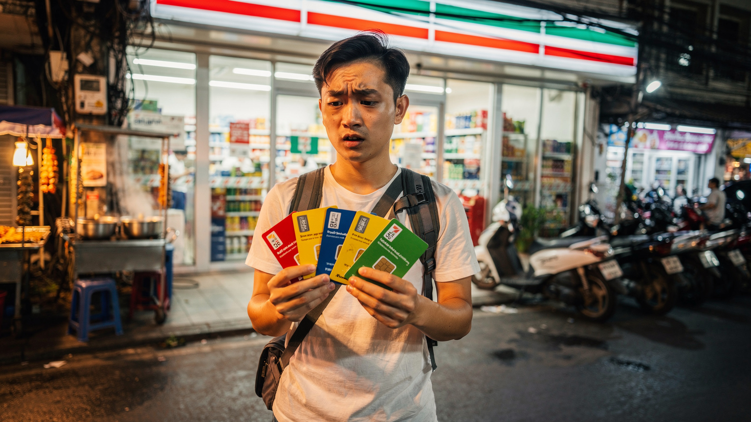 一位中國旅客在泰國曼谷街頭的7-11便利店門口，店內燈火通明，他手持幾張不同運營商的預付費SIM卡包裝，表情略顯困惑，周圍是當地小吃攤和摩托車。