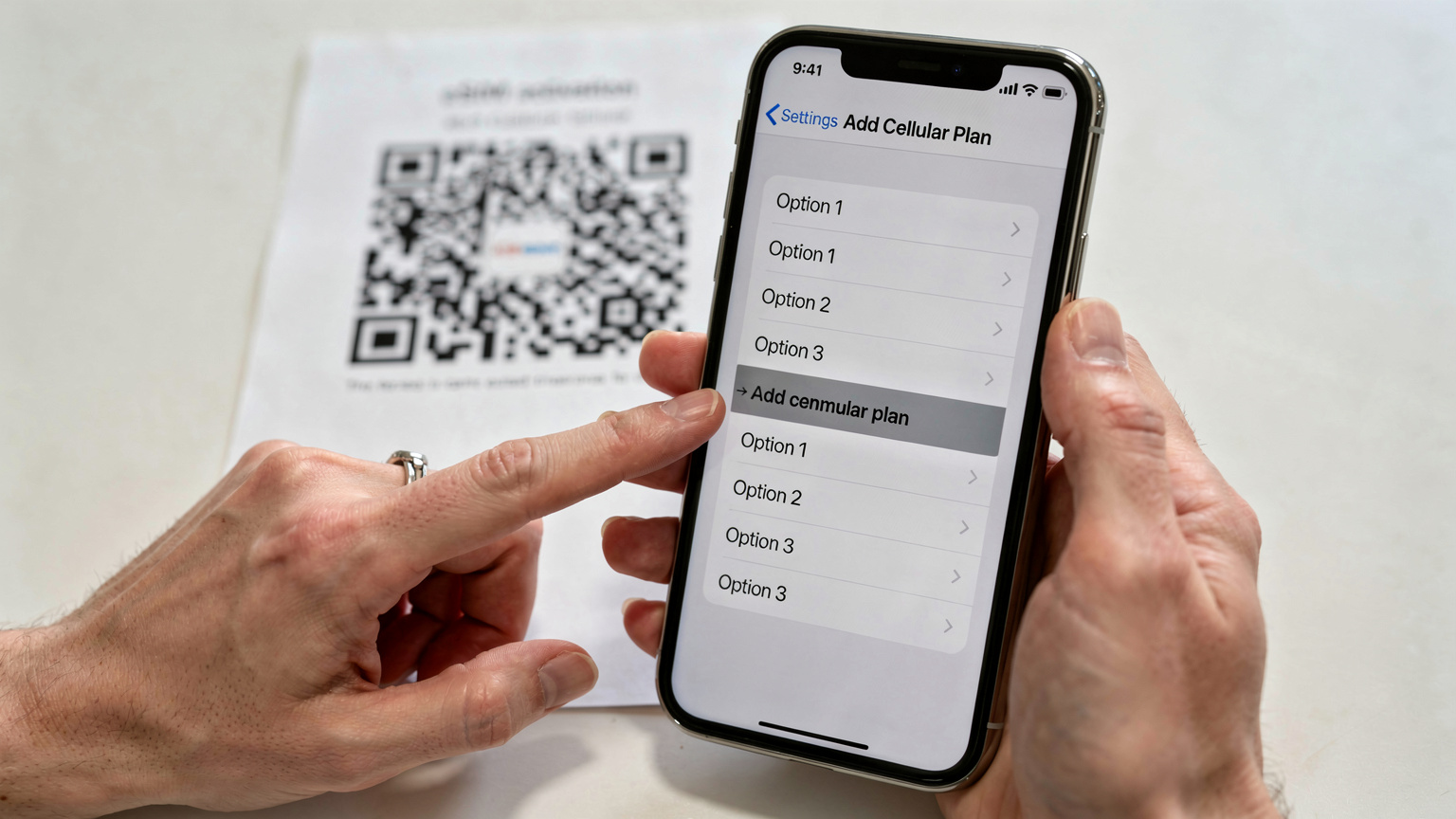 Mão de uma pessoa segurando um iPhone 18, exibindo a tela de configurações de celular enquanto outra mão aponta para a opção 'Adicionar Plano Celular', com um QR code de eSIM desfocado ao fundo.