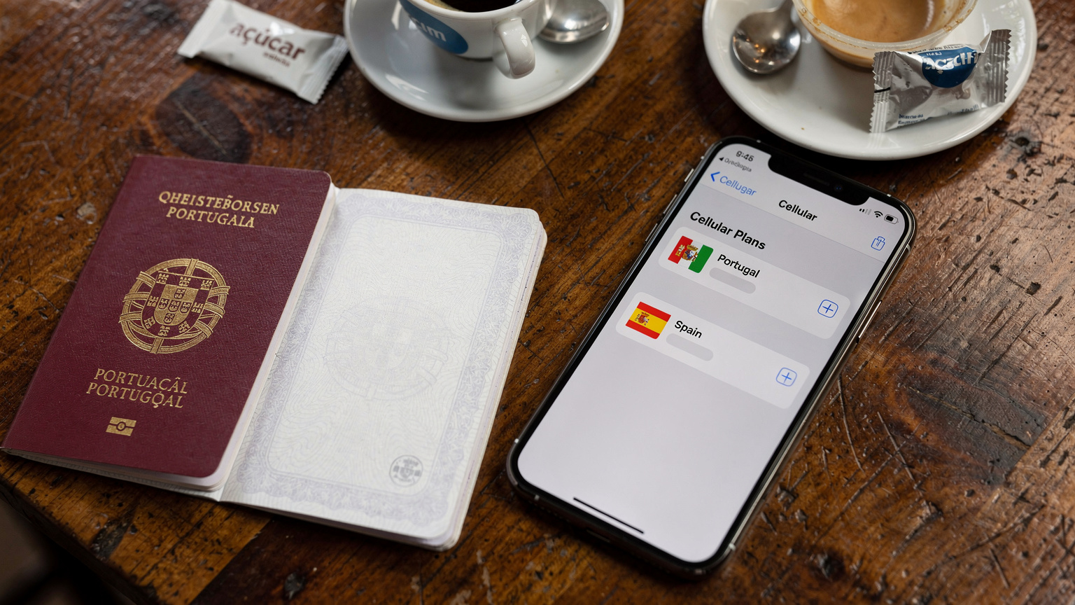 Um passaporte português e um iPhone 18 aberto na tela de gerenciamento de eSIM, com um plano ativo para Portugal e outro desativado para Espanha, em uma mesa de café em Valença do Minho, perto da fronteira.