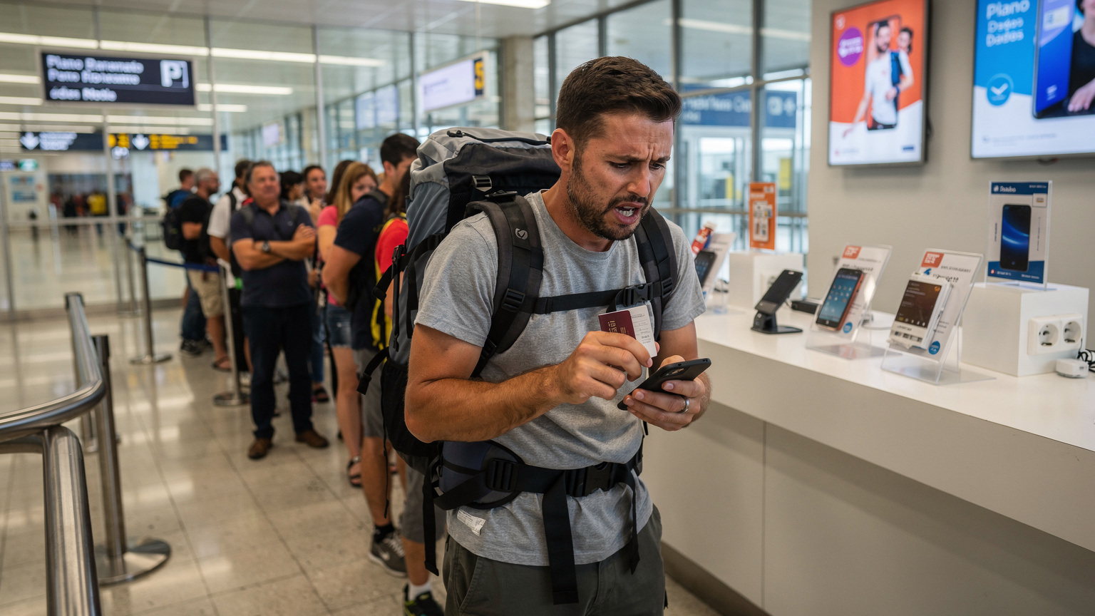 Um mochileiro frustrado em uma fila longa e confusa em uma loja de operadora de celular no aeroporto de Lisboa, com placas em português, tentando comprar um chip físico.