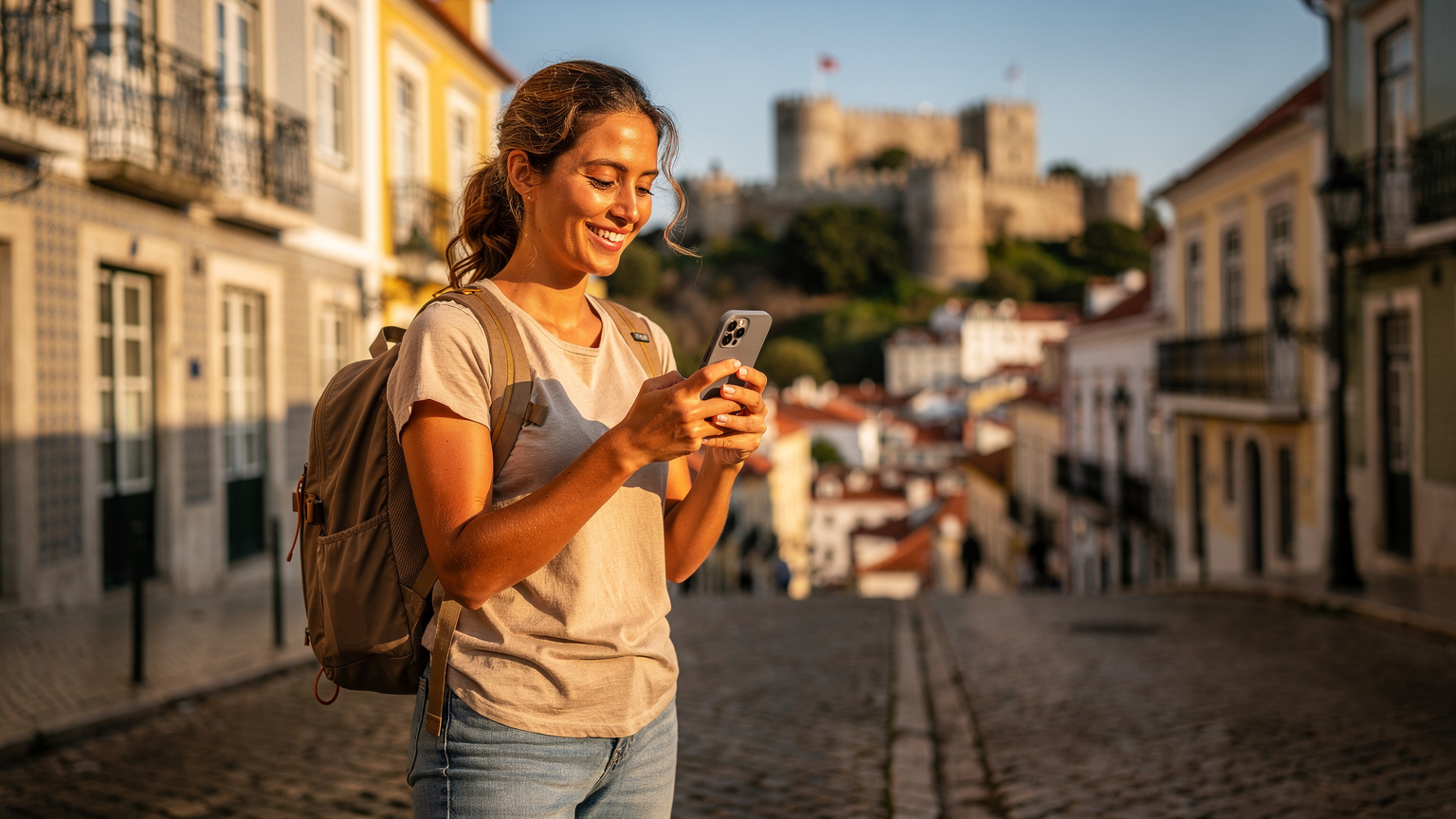 Uma mulher jovem, com mochila, sorri enquanto segura seu iPhone recém-lançado com um eSIM ativo, de pé em uma rua de paralelepípedos em Lisboa, com o Castelo de São Jorge ao fundo.