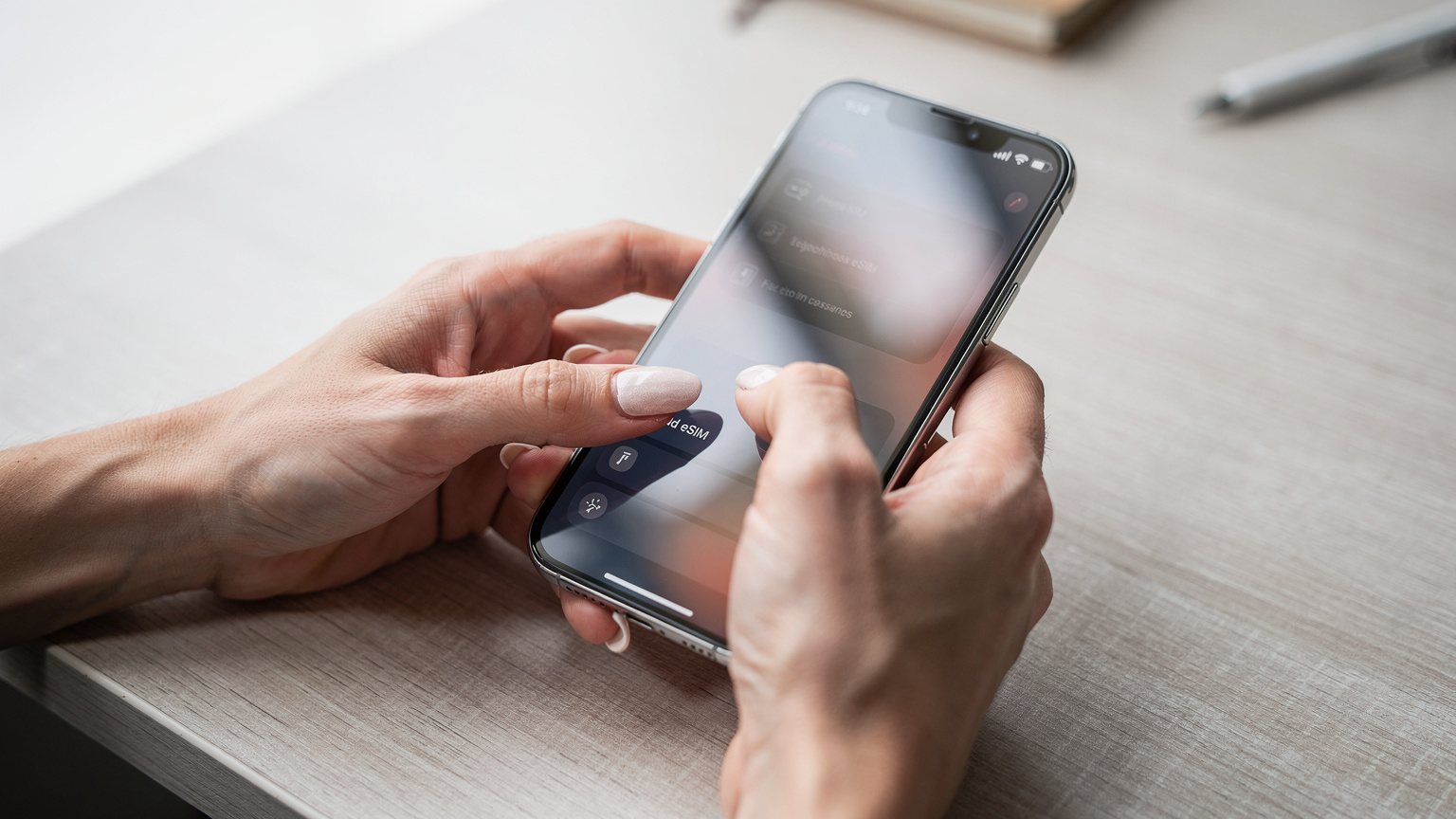 一雙手熟練地在 iPhone 設置菜單中添加 eSIM，屏幕界面清晰顯示「添加 eSIM」選項。