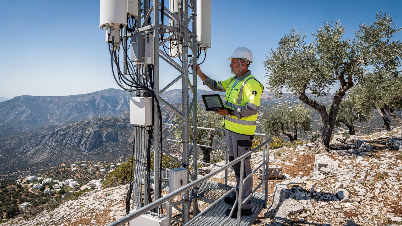 En tekniker inspekterar en mobilantenn på en mast i ett kargt, bergigt grekiskt landskap, med klarblå himmel och olivträd i bakgrunden.