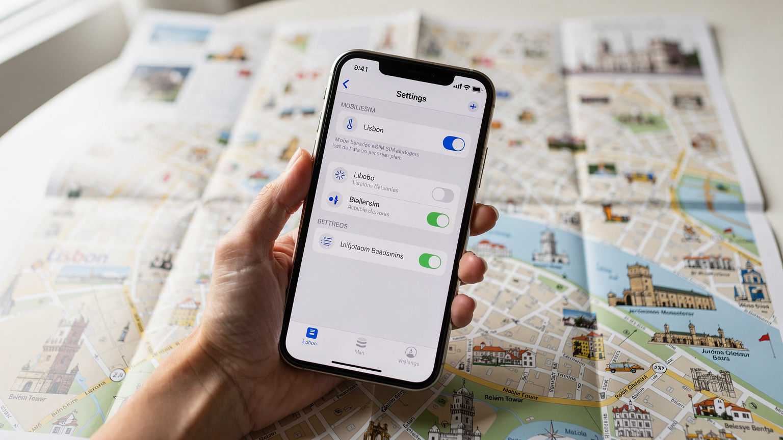 Uma mão segura um smartphone com a tela de configurações do eSIM ativa, enquanto ao fundo, um mapa turístico de Lisboa mostra a Torre de Belém e o Mosteiro dos Jerónimos.