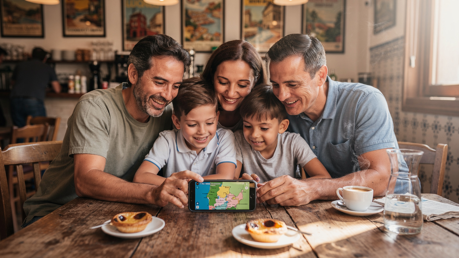 Uma família sorridente, com os pais e duas crianças, está olhando para um smartphone que exibe um mapa digital de Portugal, enquanto planejam a próxima etapa da viagem.