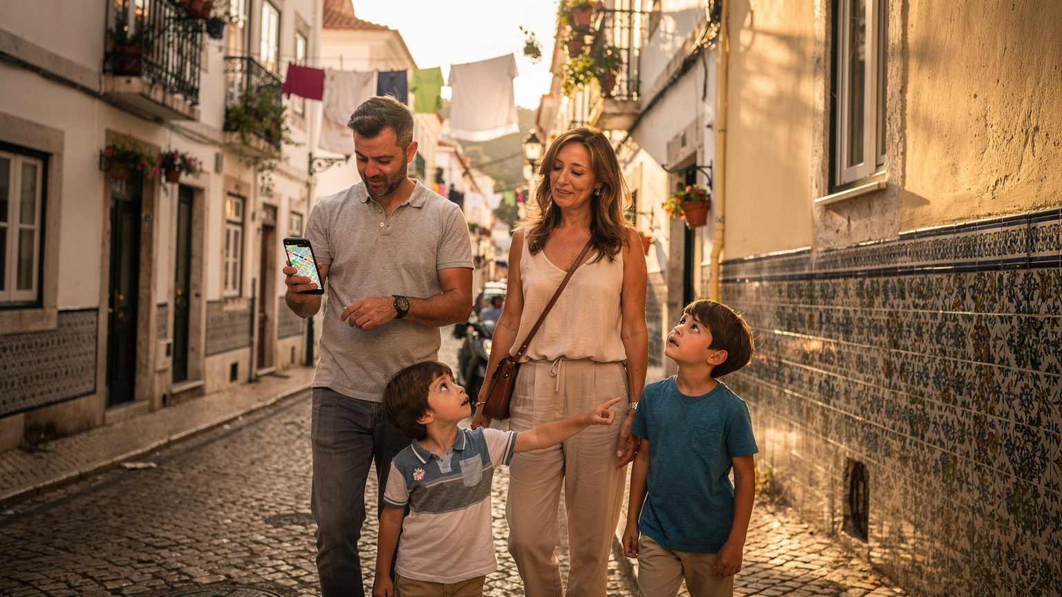Uma família com duas crianças pequenas caminhando pelas ruas de Lisboa, com os pais olhando para um smartphone com mapa enquanto as crianças observam a arquitetura colorida.