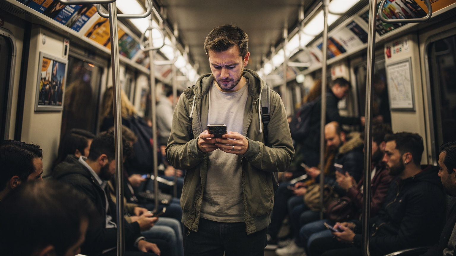 Un viajero con su smartphone en el metro de París, consultando un mapa digital para orientarse.