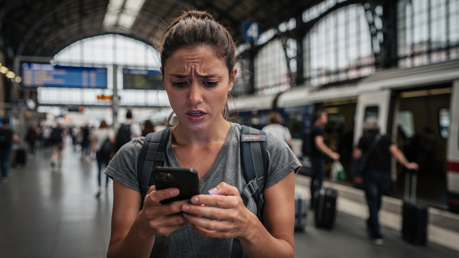 Un viajero con expresión de preocupación mirando su smartphone en una concurrida estación de tren francesa.