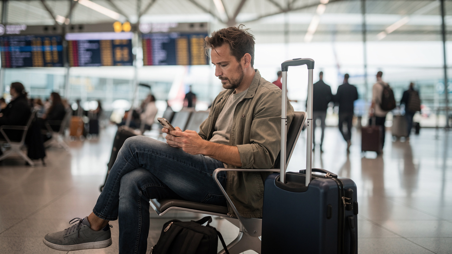 Ein Reisender sitzt nachdenklich in einem überfüllten Flughafen-Terminal, schaut auf sein Smartphone und überlegt, wie er im Ausland am besten online bleibt.