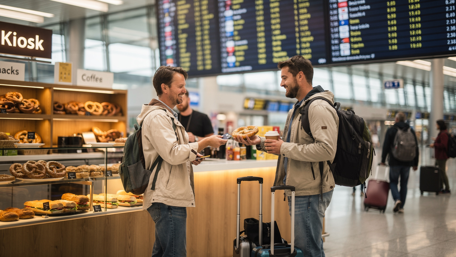 Ein Reisender am Flughafen Berlin Brandenburg (BER) kauft einen Brezel und Kaffee, während im Hintergrund Anzeigetafeln mit Abflügen zu sehen sind, eine Szene, die den Beginn einer Reise symbolisiert.