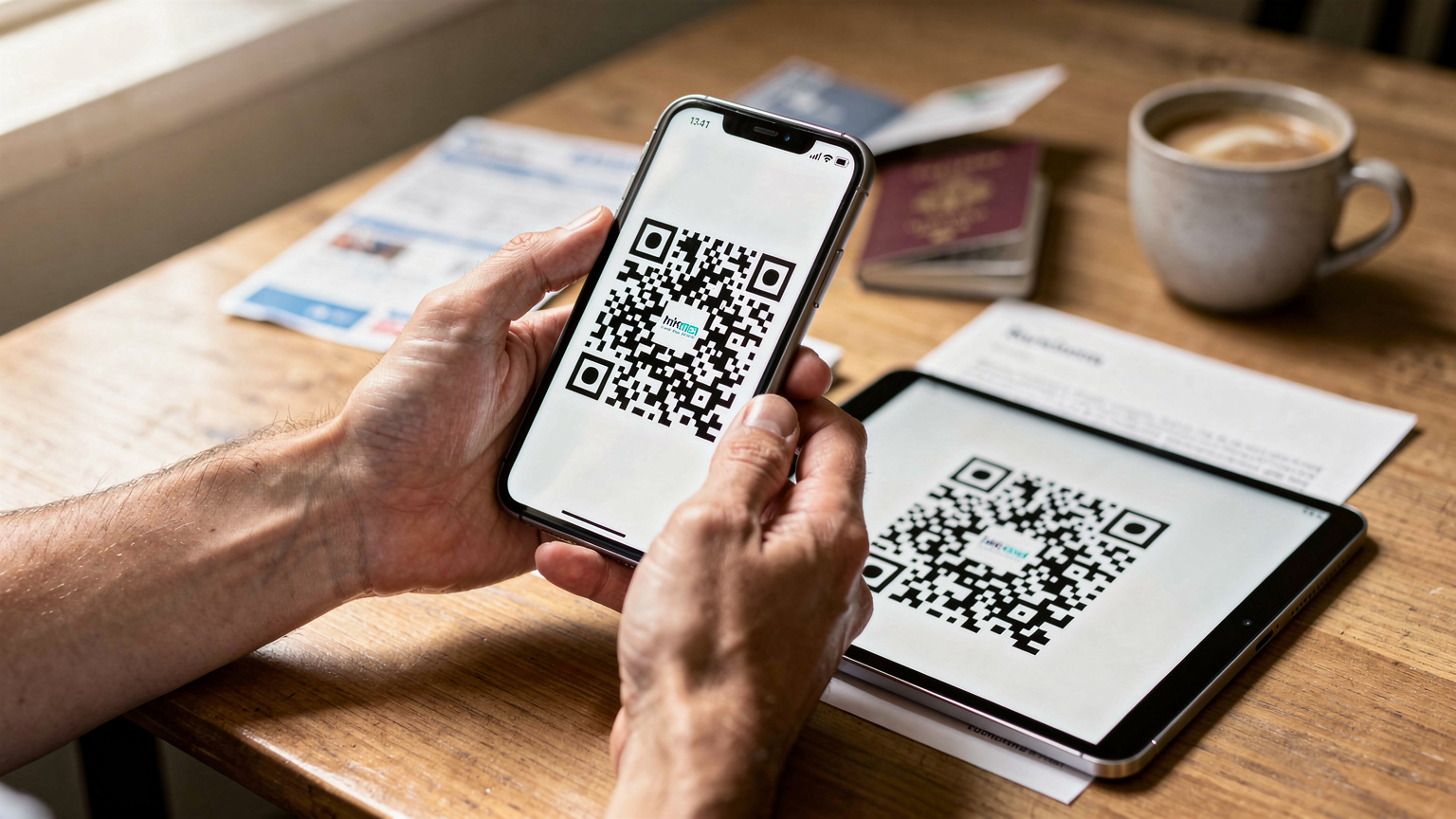Nahaufnahme von Händen, die ein Smartphone halten und einen QR-Code scannen, der für die eSIM-Aktivierung auf einem anderen Gerät angezeigt wird, vor einem Hintergrund von Reiseunterlagen und einer Tasse Kaffee.