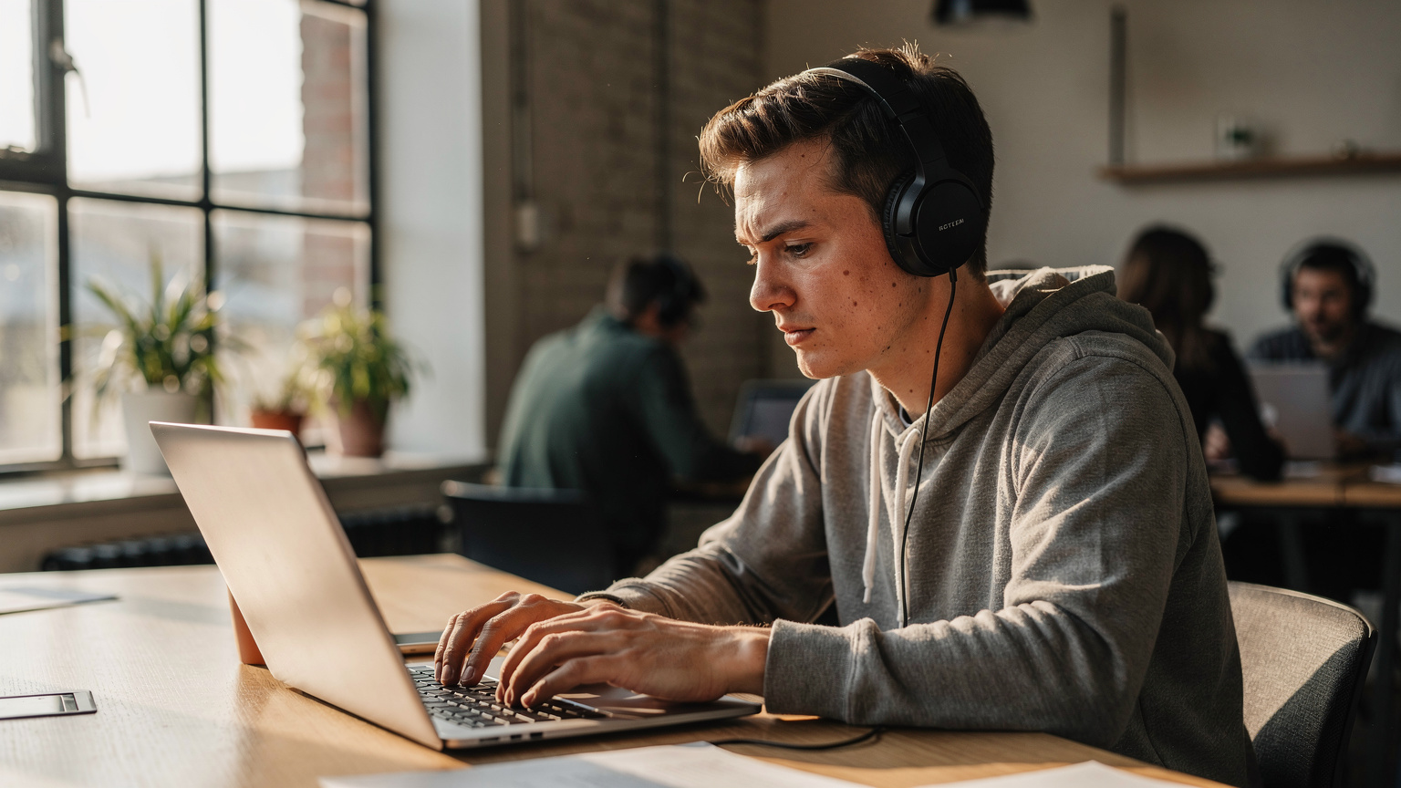 A person sitting intently at a laptop in a moderately busy co-working space in Bristol, highlighting remote work abroad.