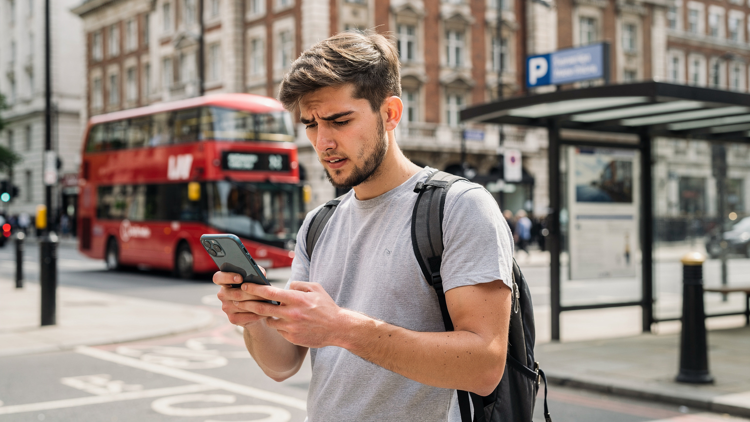 A traveller looking at their smartphone near a classic British double-decker bus, checking their eSIM activation status after landing.
