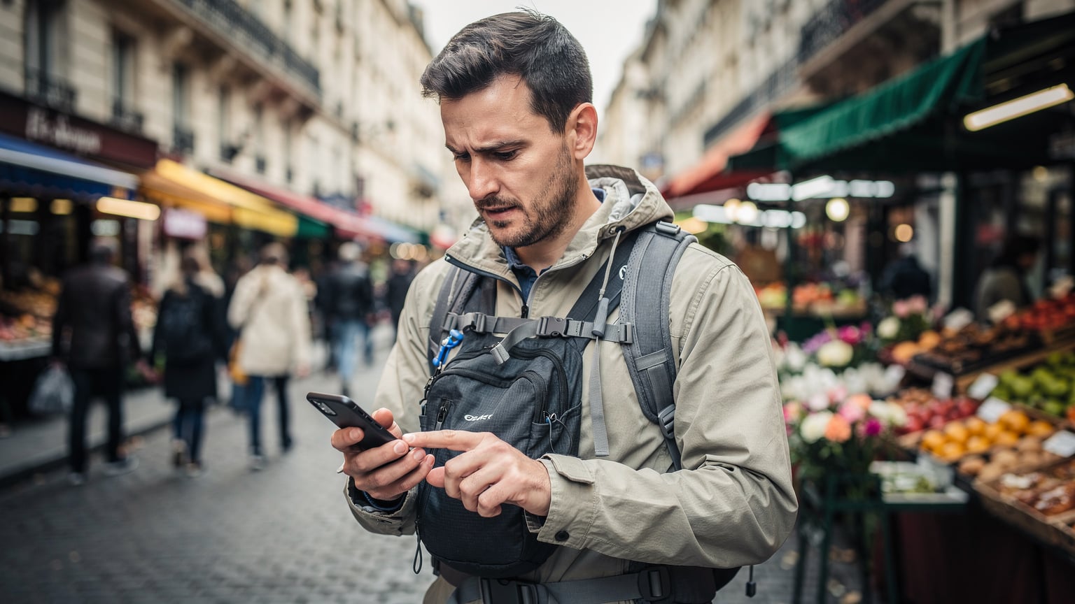 Un turist își ține rucsacul în față cu o mână, în timp ce cealaltă mână atinge ecranul telefonului, într-o mulțime pe o stradă din Paris.