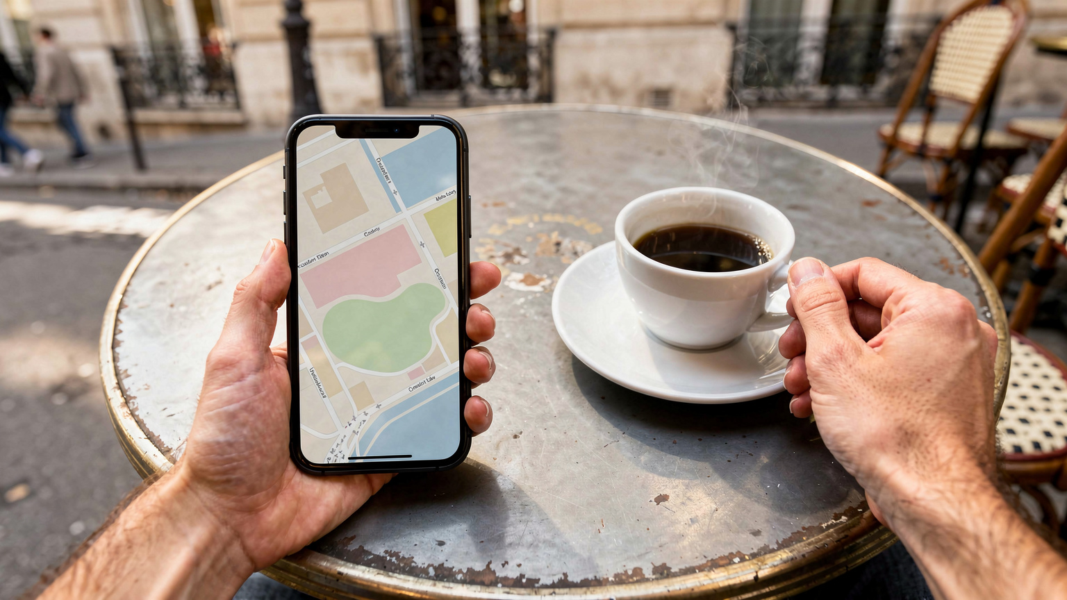 O mână ține un smartphone care afișează o hartă, în timp ce cealaltă mână ține o ceașcă de cafea pe o masă de cafenea, cu o stradă pariziană estompată în fundal.