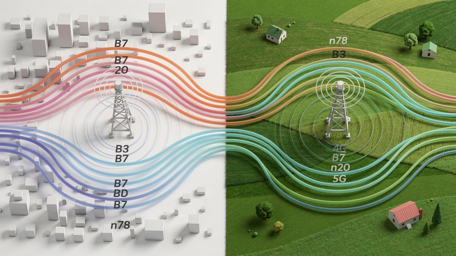 O reprezentare grafică simplificată a benzilor de frecvență 4G și 5G, cu turnuri de celule stilizate în zone urbane dense și rurale deschise.