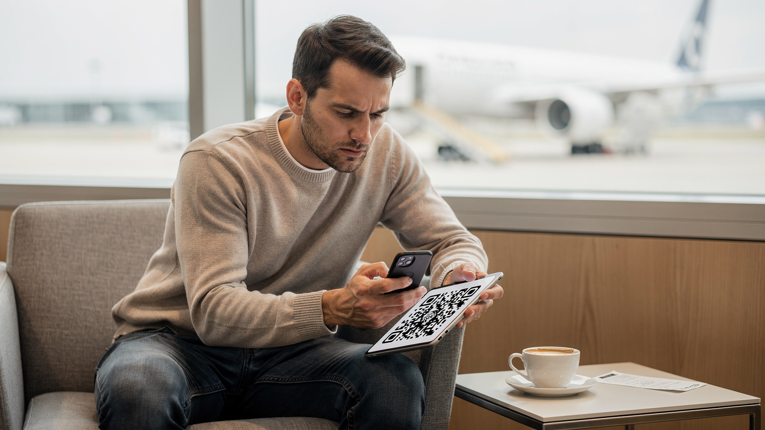 Ein Reisender scannt konzentriert einen QR-Code von einem Tablet, um eine eSIM auf seinem Smartphone zu aktivieren, während er in einem Flughafen-Lounge-Sessel sitzt, kurz vor dem Abflug nach Frankreich.