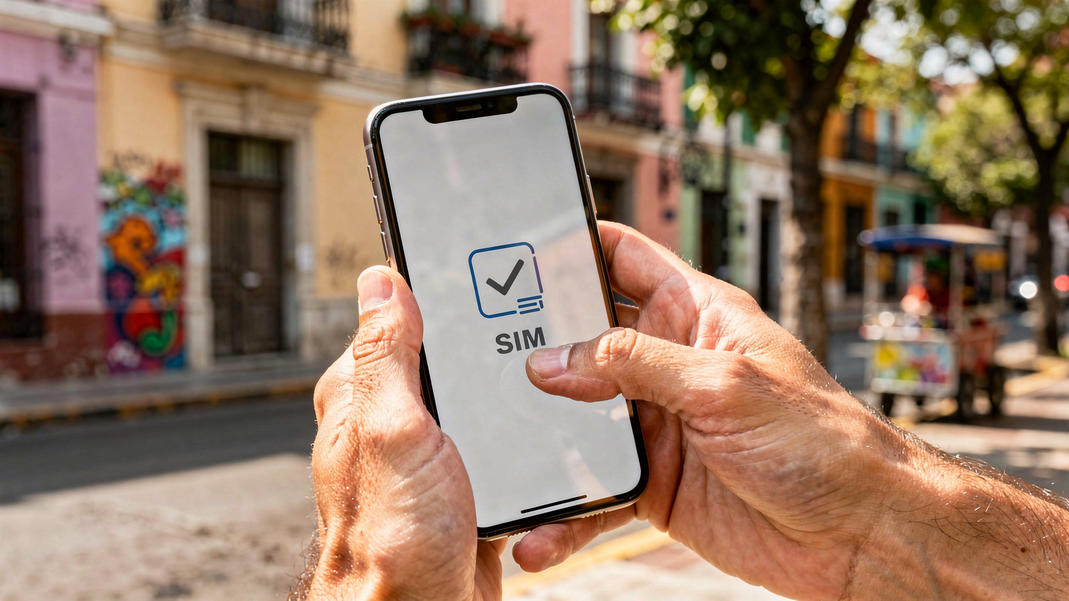 Nahaufnahme von Händen, die ein Smartphone halten, während eine eSIM-Aktivierungsbestätigung auf dem Bildschirm angezeigt wird, im Hintergrund eine typische Straßenszene in Mexiko-Stadt mit historischen Gebäuden.