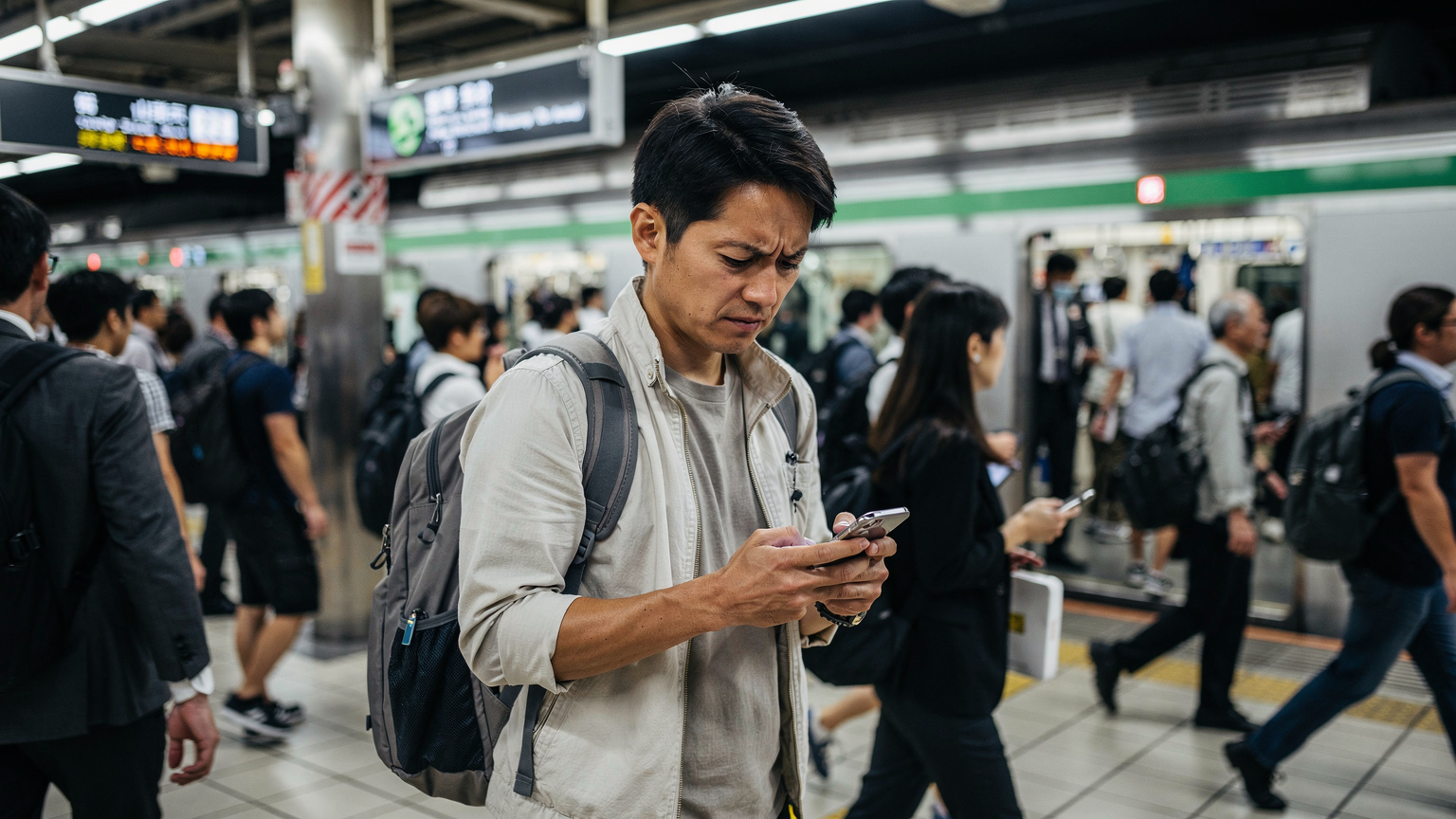 Ein Reisender, der nachdenklich auf sein Smartphone schaut, während er an einer belebten U-Bahn-Station in Tokio steht, umgeben von Menschenmengen und japanischen Schildern, die die Herausforderungen der Konnektivität im Ausland symbolisieren.