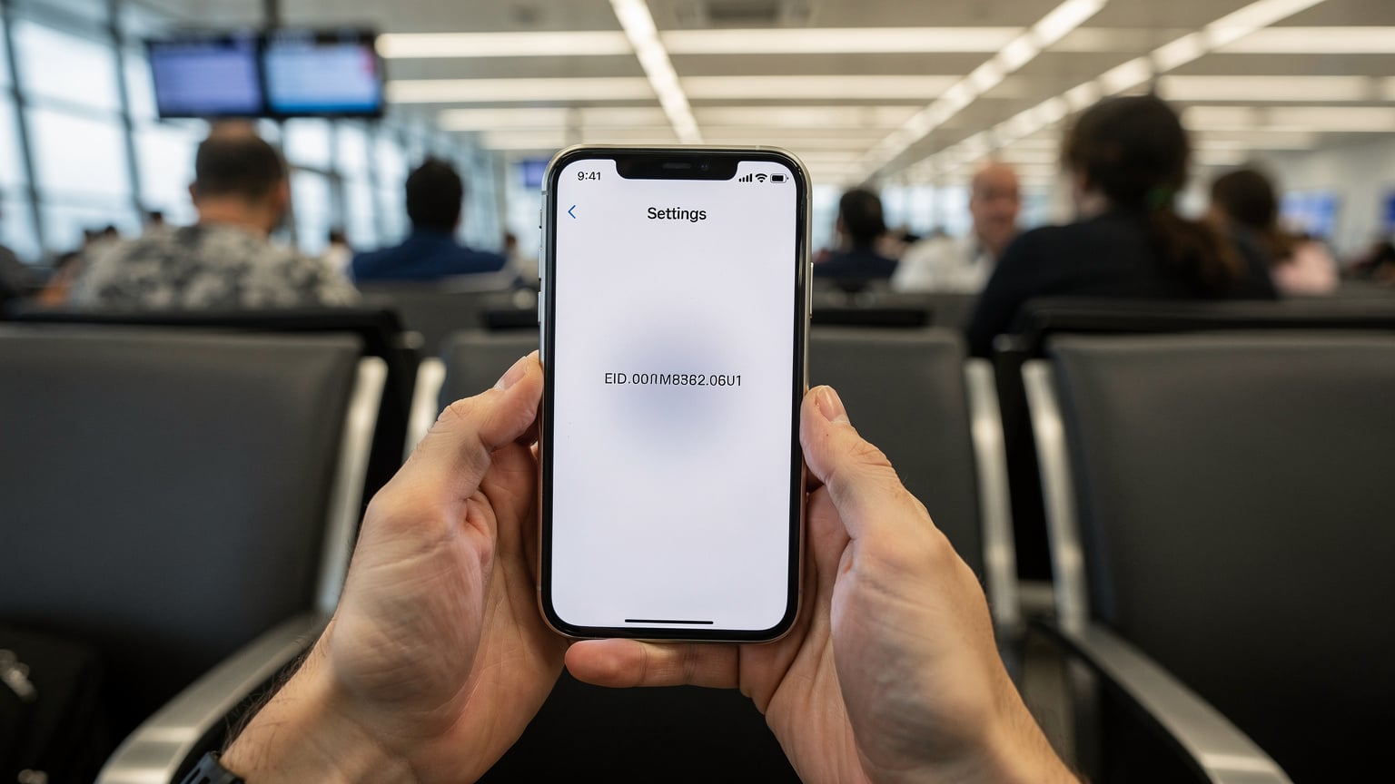 A traveler diligently checking their iPhone settings, ensuring they have their eSIM information ready before crossing a border into a new country.