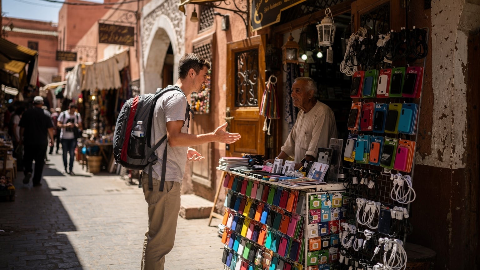 A traveler at a bustling street market in Marrakech, Morocco, looking at a small, independent phone accessories stall with various local SIM cards displayed, considering their connectivity options.